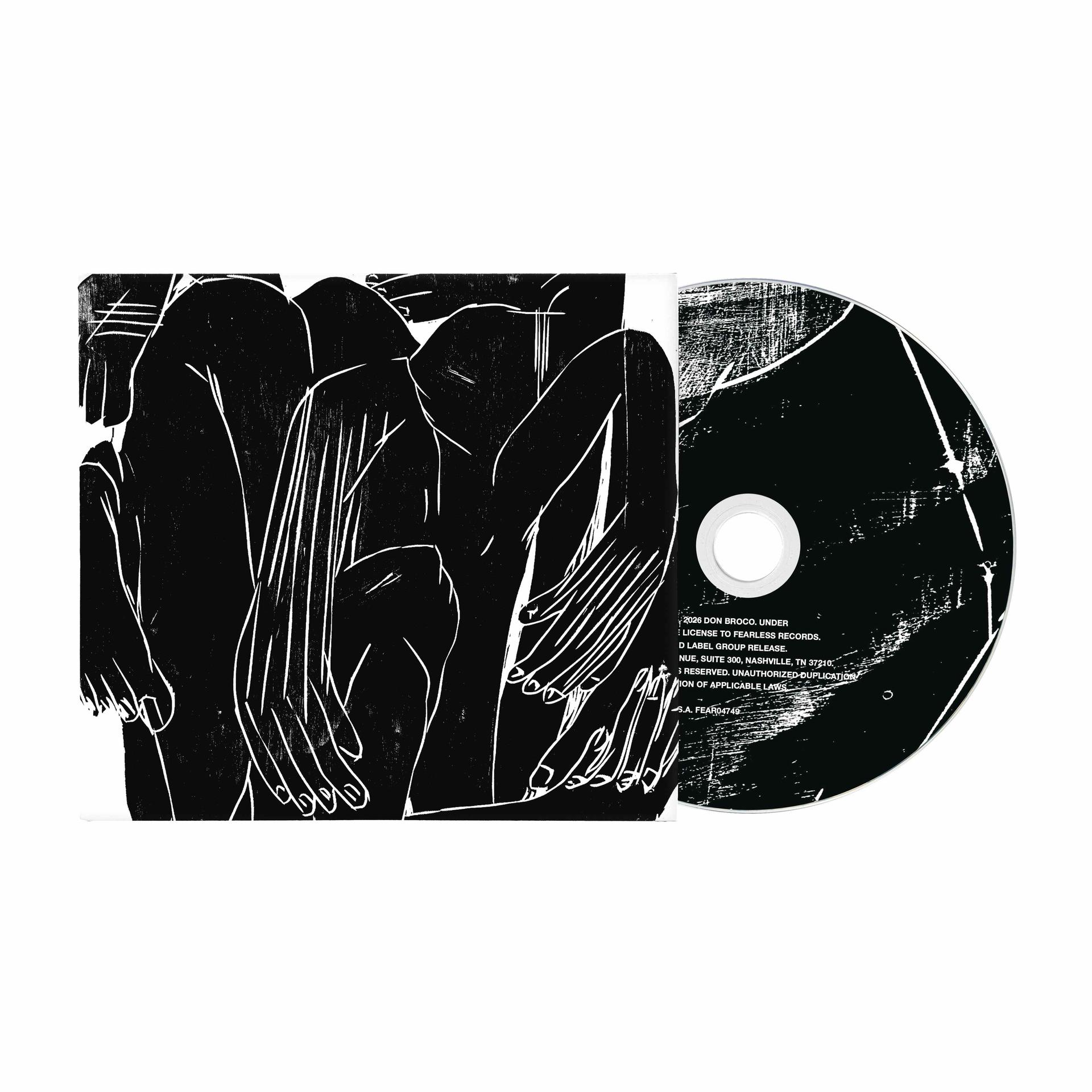 Schwarz-weiße Linolschnitt-Illustration von Figuren und einer CD.