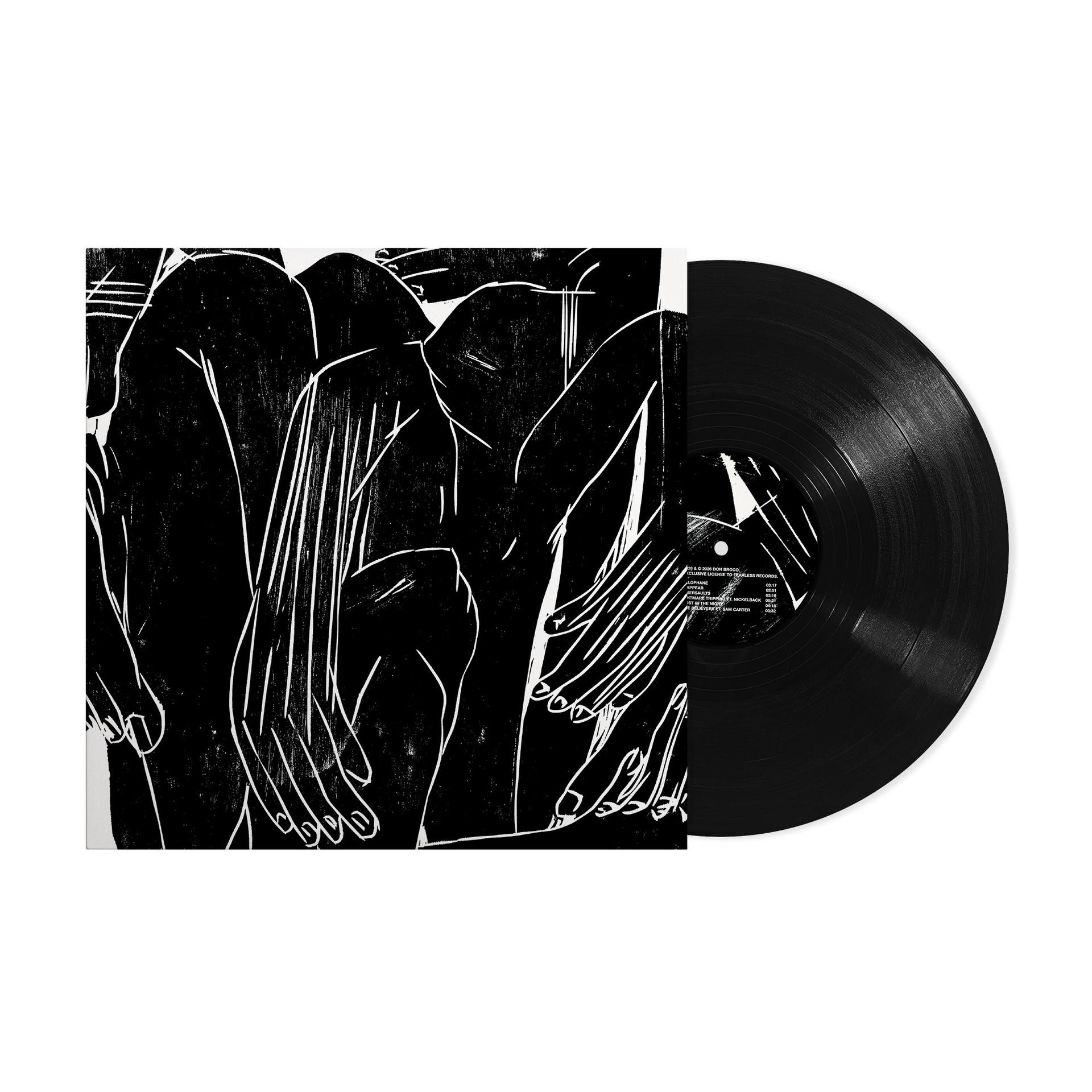 Schwarze Schallplatte mit Albumcover in Schwarz-Weiß-Linienkunst.
