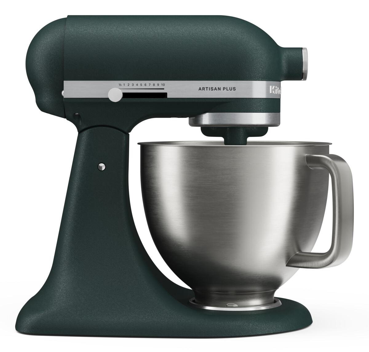 Dunkelgrüner Küchenständer-Mixer mit Edelstahlschüssel und Geschwindigkeitsregler.