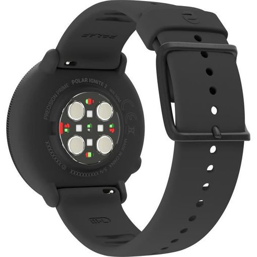 Vista trasera de un reloj inteligente Polar Ignite 2 negro con sensores.