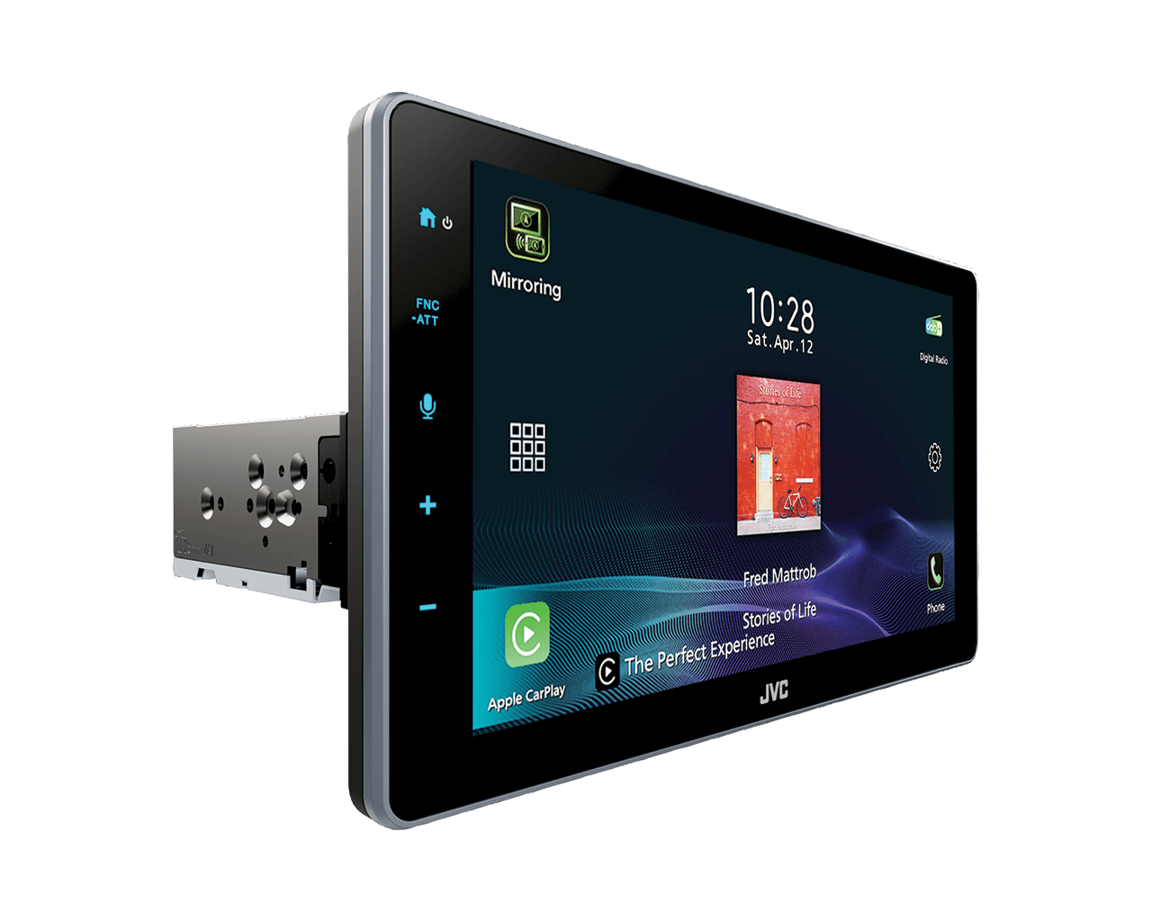 Ein JVC Autoradio-Touchscreen mit Spiegelungsfunktion und Musikwiedergabe.
