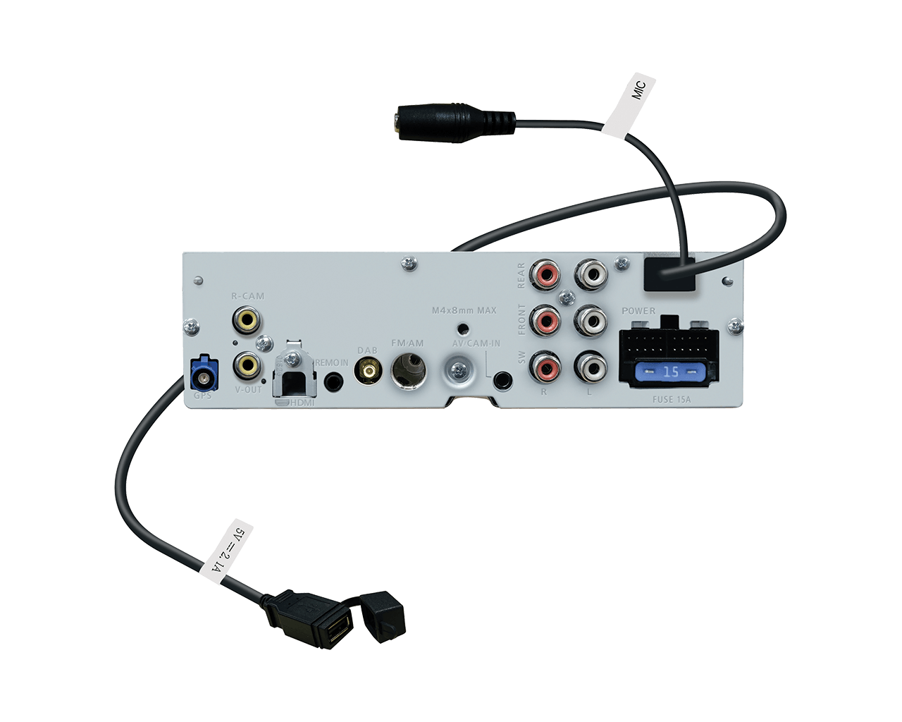 Rückseite eines Autoradios mit Anschlüssen: GPS, USB, HDMI, Audio und Strom.
