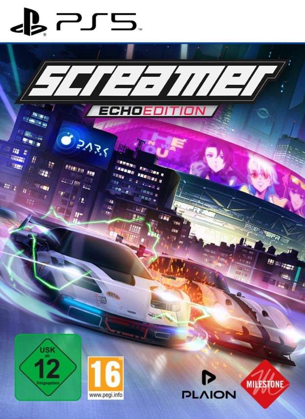 Rennspiel-Cover mit zwei Autos, Anime-Charakteren und Stadt.