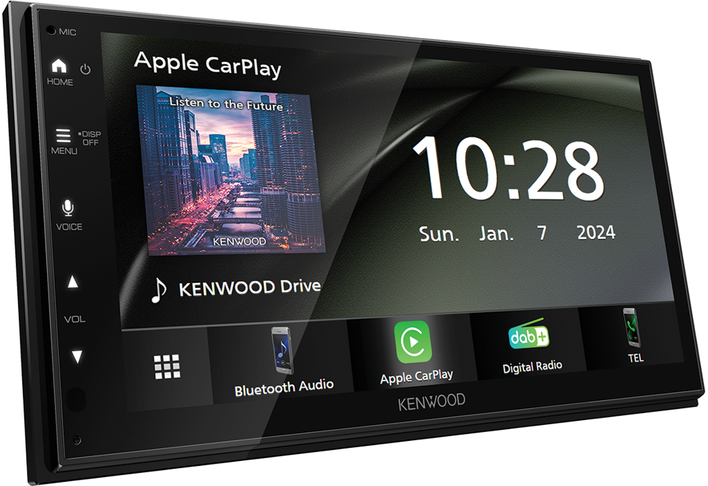 Ein Kenwood-Autoradio mit Apple CarPlay, Uhrzeit und Datum.