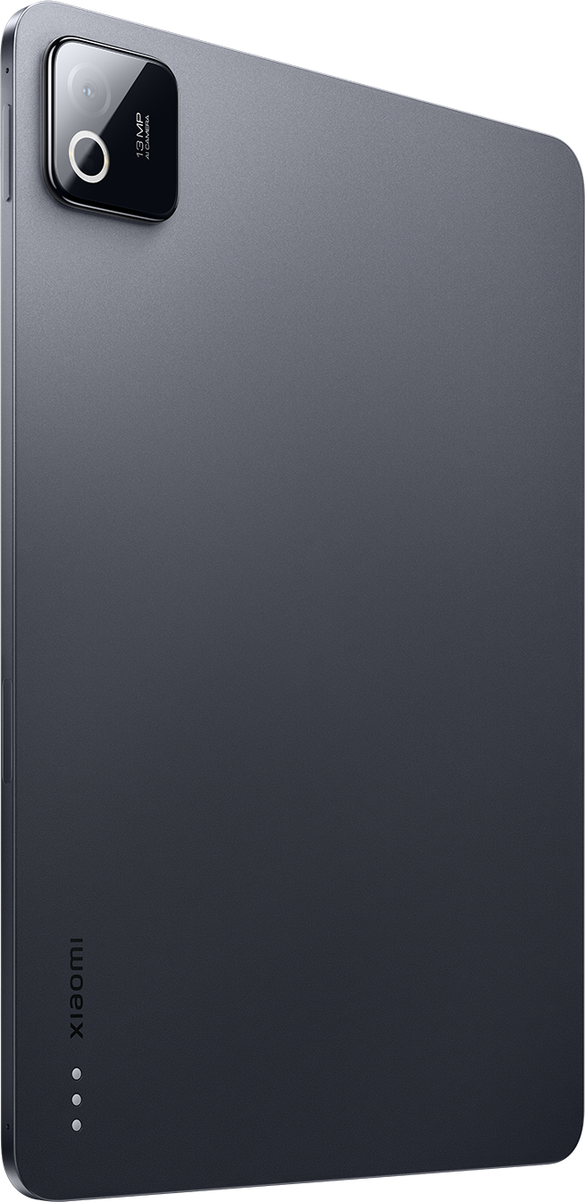 Sötétszürke tablet hátlapi kamerával és Xiaomi logóval.