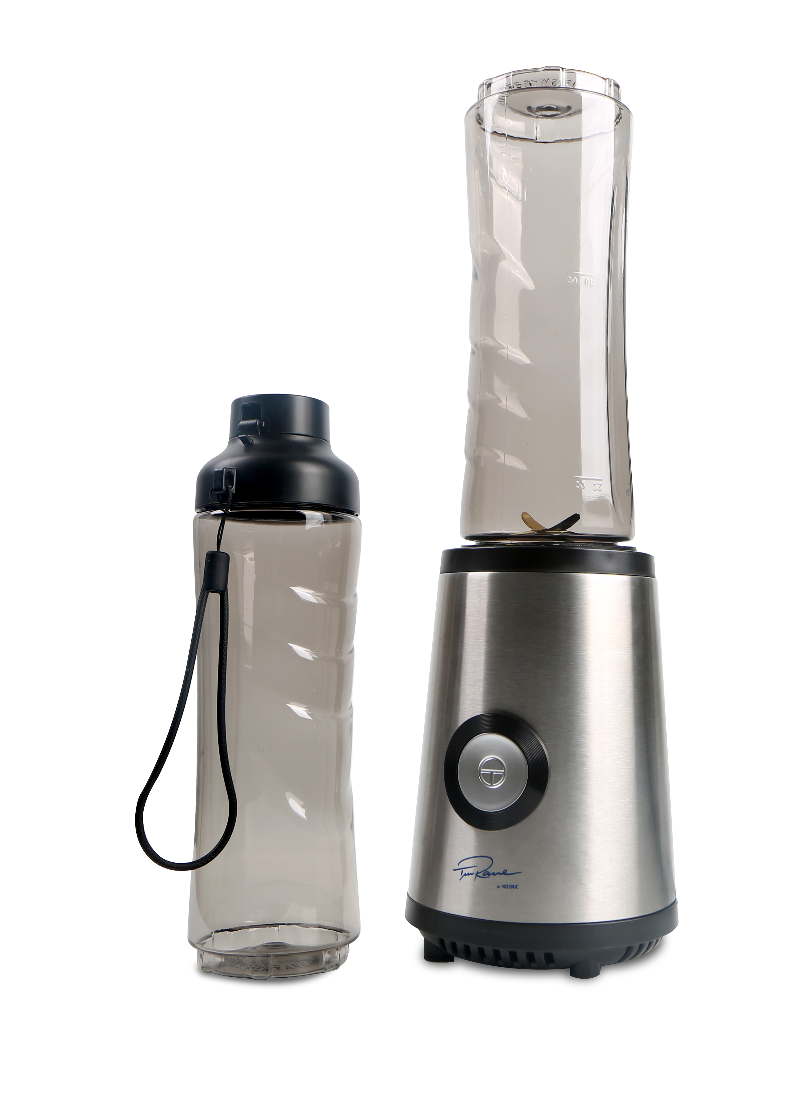 Srebrna podstawa blendera z czarnym przyciskiem i obok przezroczysty pojemnik.