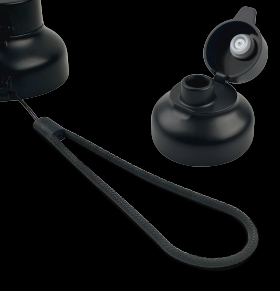 Czarna zakrętka do butelki ze smyczą i otwartą pokrywką.