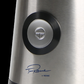 Urządzenie ze stali nierdzewnej z srebrnym przyciskiem i czarną obręczą. Widoczne logo i podpis.