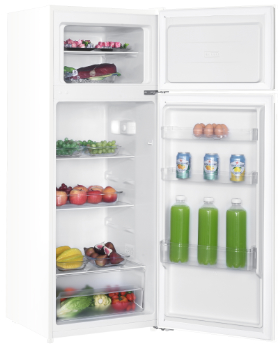 Un réfrigérateur blanc portes ouvertes, rempli d'aliments comme des fruits, des légumes et des boissons.