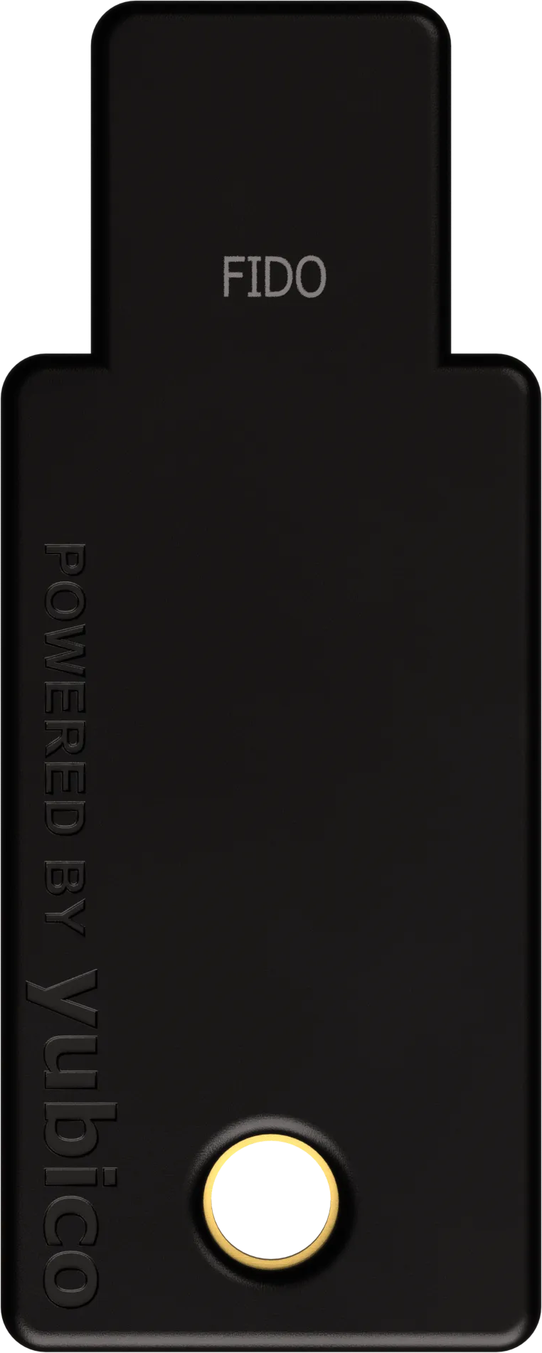 Schwarzer FIDO-Schlüssel mit goldenem Kreis und Text.