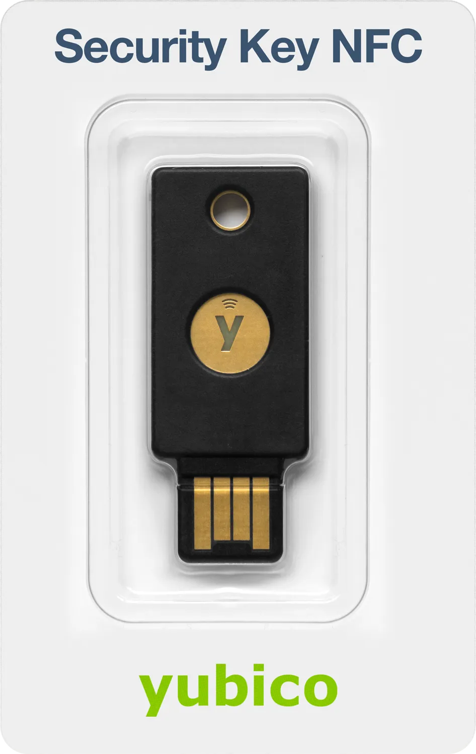Ein schwarzer Yubico Sicherheitsschlüssel mit NFC in Verpackung.