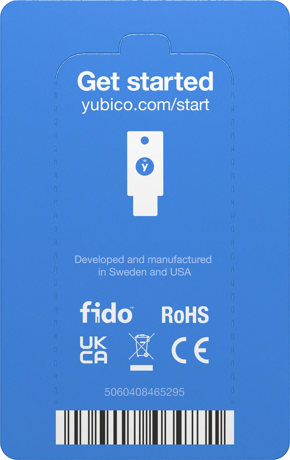 Blaue Karte mit Yubico-Logo, Text 'Get started', Website und Zertifizierungen.