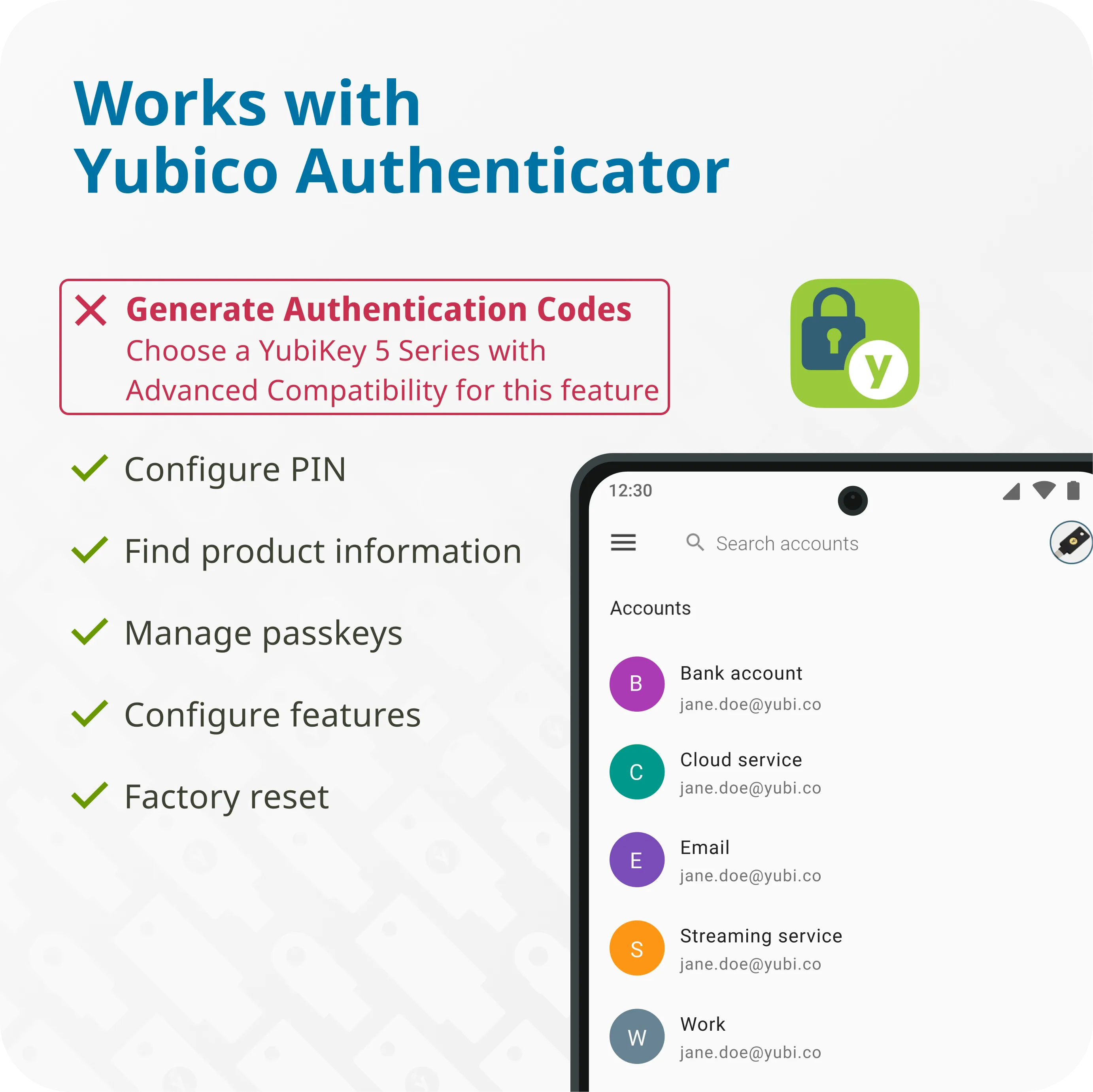 Yubico Authenticator-Kompatibilität mit Funktionen wie PIN-Konfiguration und Kontenverwaltung.