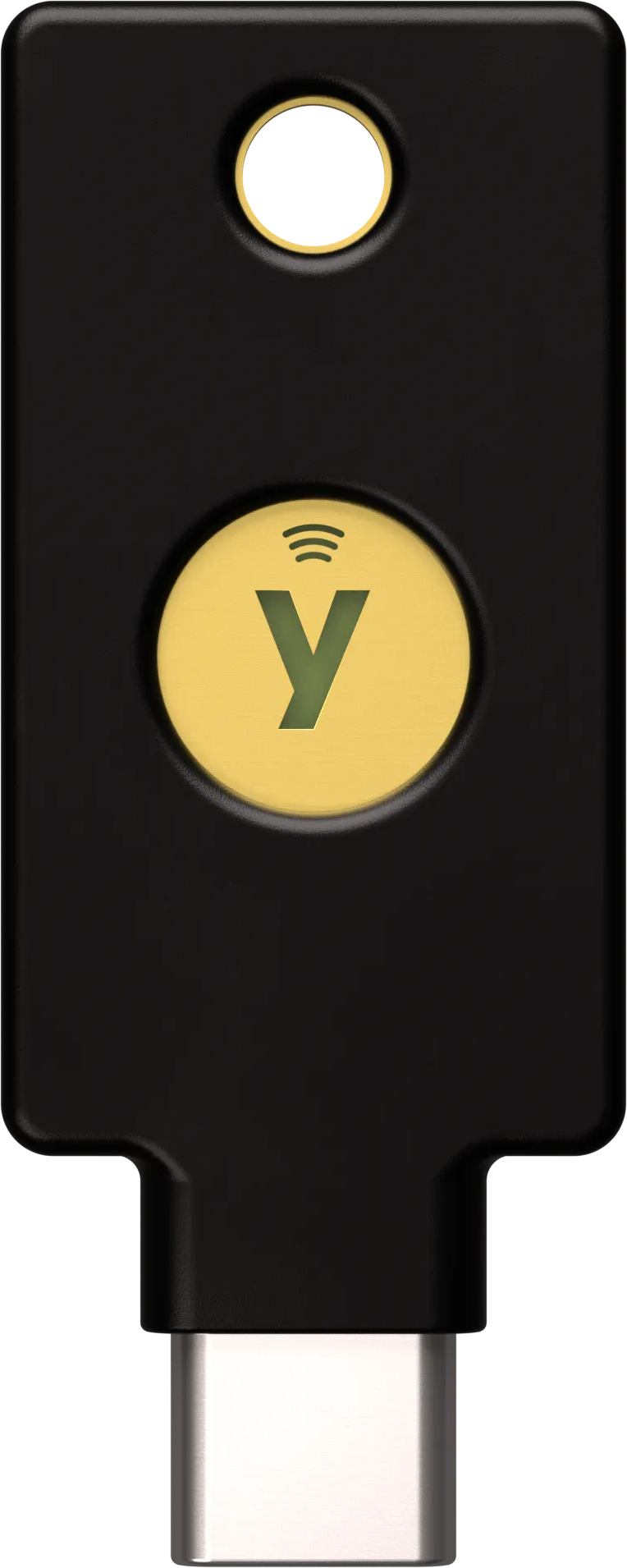 Schwarzer YubiKey mit gelbem Kreis und WLAN-Symbol. USB-C-Anschluss.