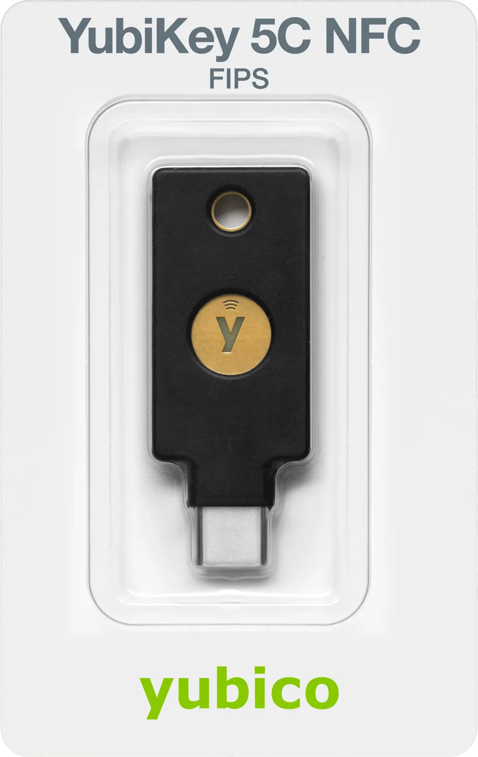 Schwarzer YubiKey 5C NFC FIPS mit USB-C-Anschluss in transparenter Verpackung.