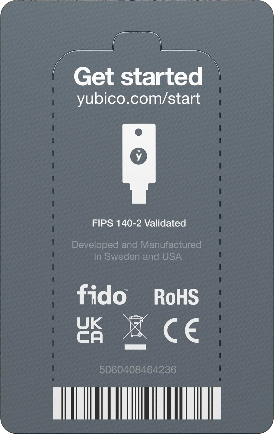 Yubico-Produkt mit Logo, Text 'Get started' und Barcode.