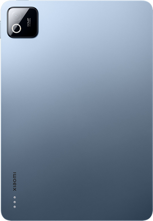 Kék táblagép hátoldala 50MP kameramodullal és Xiaomi logóval.