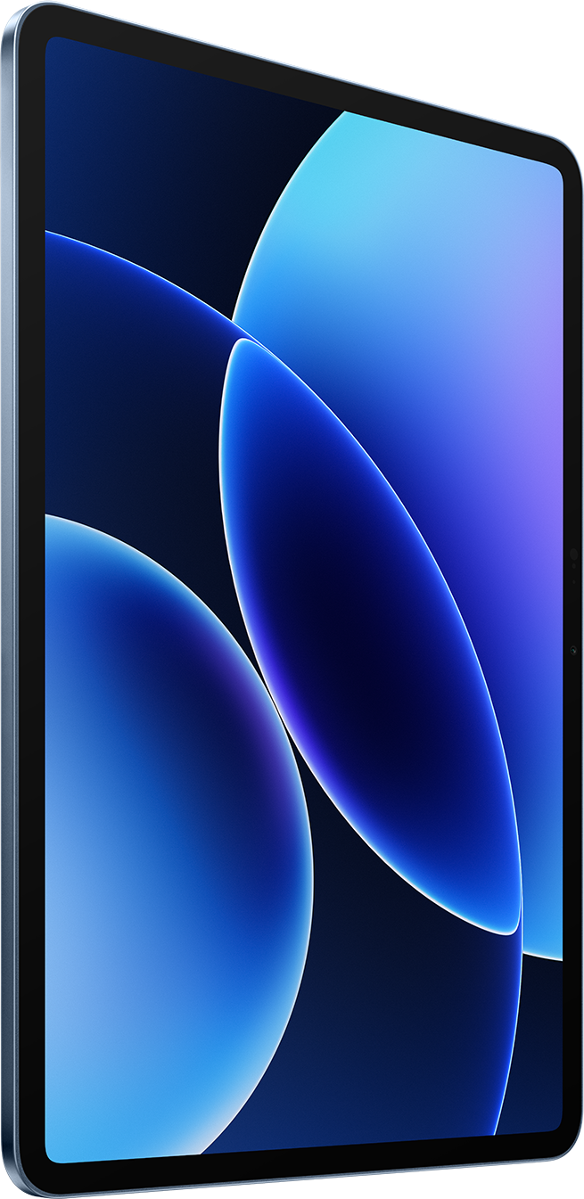 Egy modern tablet kék absztrakt háttérrel.