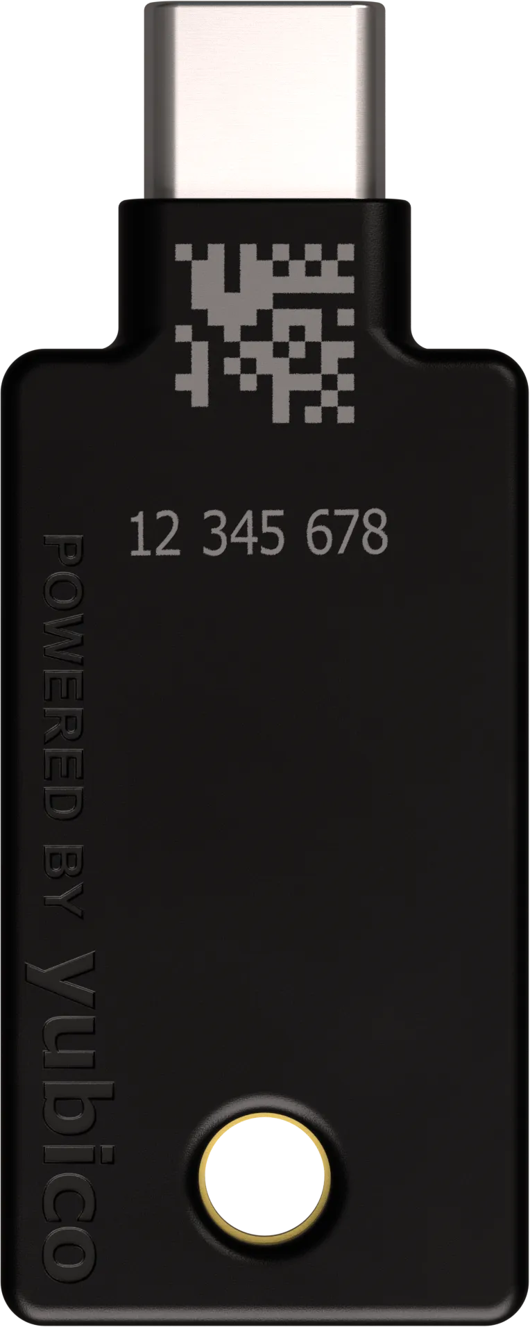 Schwarzer USB-C-Schlüssel mit QR-Code und Seriennummer.