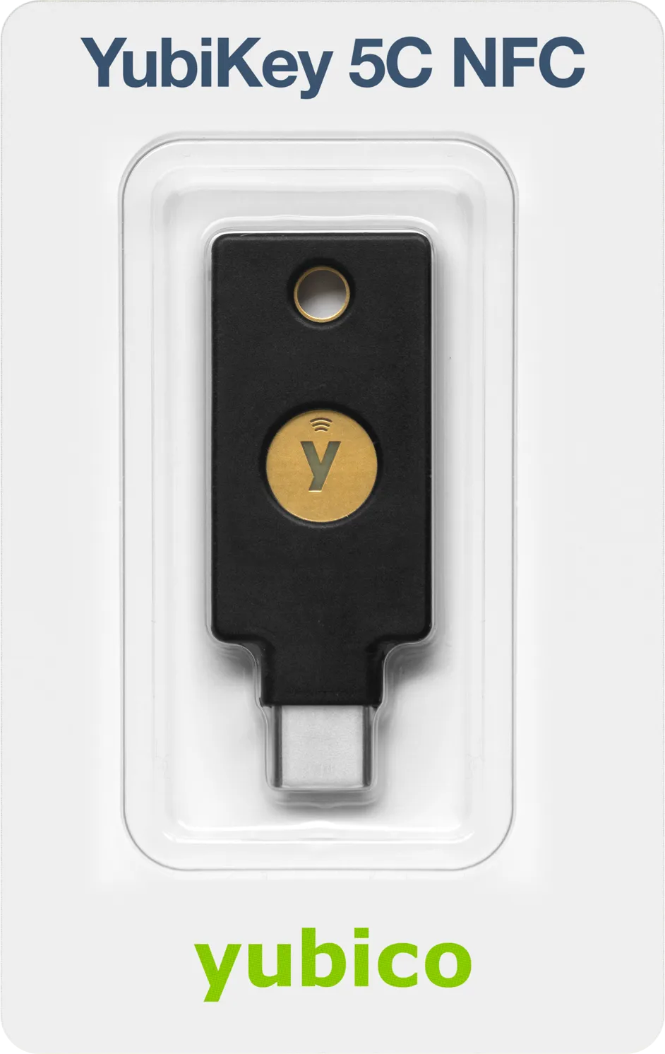 Schwarzer YubiKey 5C NFC-Sicherheitsschlüssel mit USB-C-Anschluss, in Verpackung.