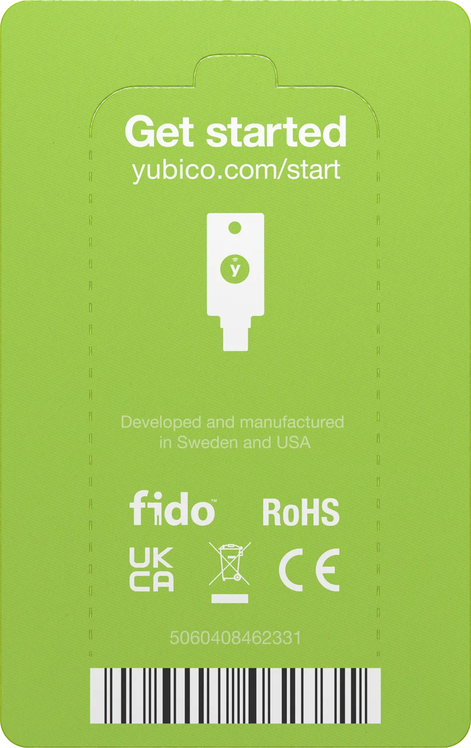 Grüne Karte mit Yubico-Logo und Text: 'Get started yubico.com/start'.