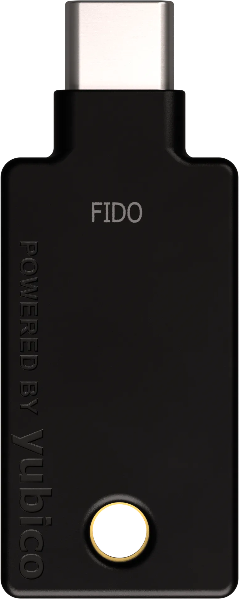 Schwarzer FIDO USB-C-Schlüssel mit goldfarbenem Kreis und Yubico-Logo.