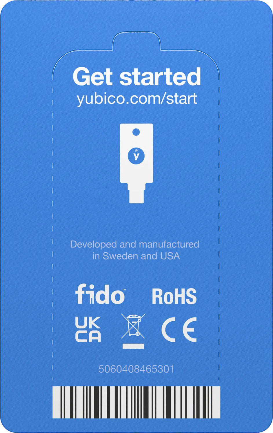 Blaue Karte mit Yubico-Logo, Text und Barcode. "Get started".