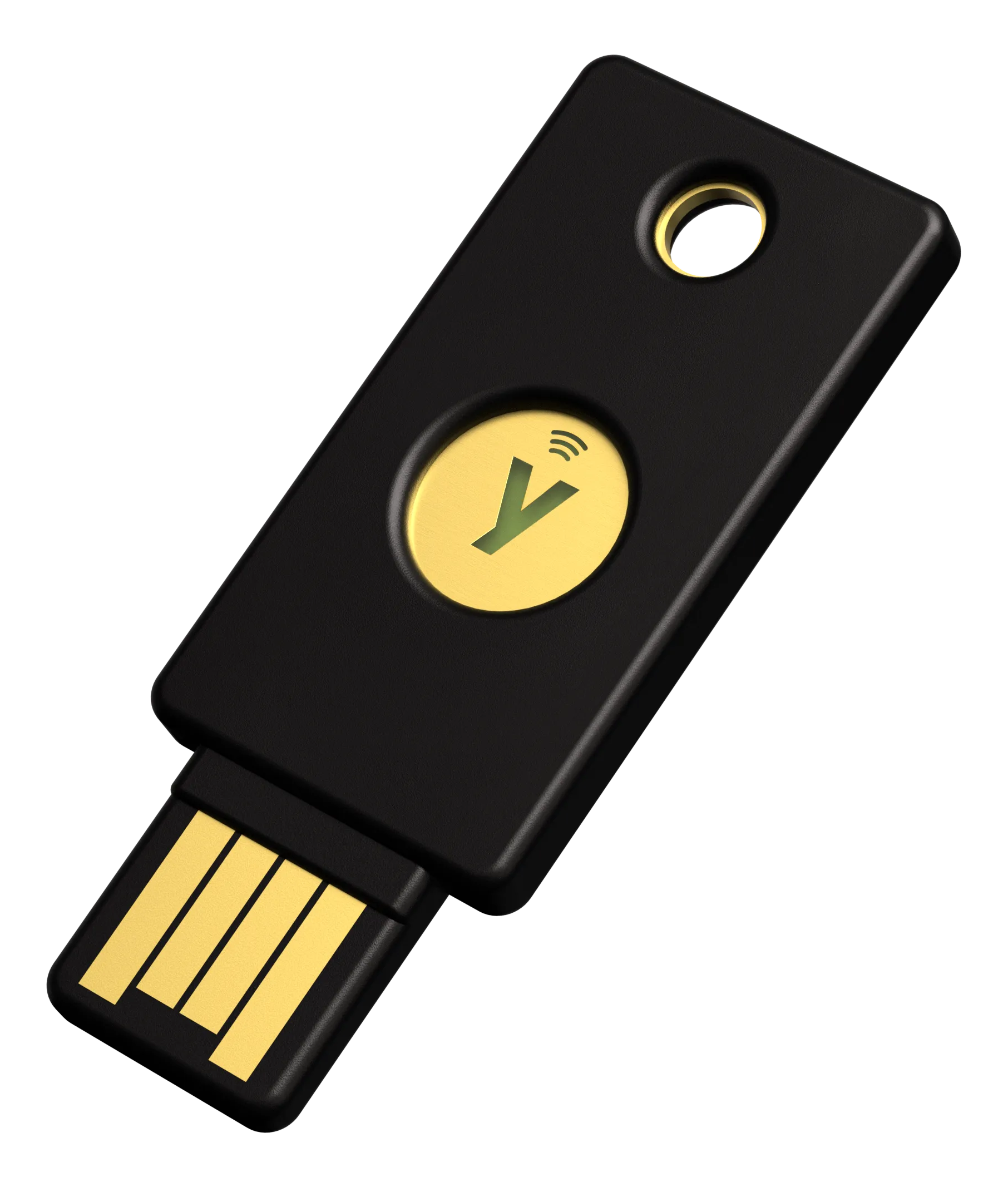Schwarzer YubiKey mit goldenem Logo und USB-Anschluss.