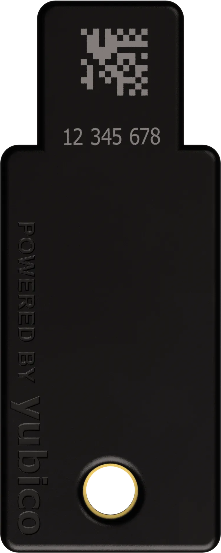 Ein schwarzer YubiKey mit QR-Code und Nummer 12 345 678.