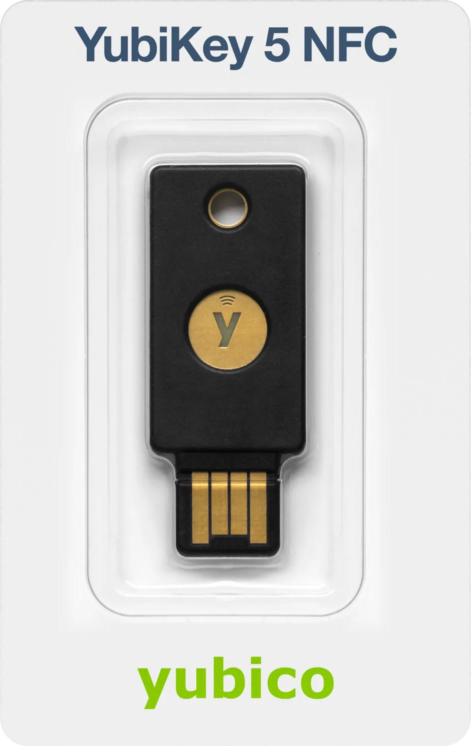 Ein YubiKey 5 NFC Sicherheitsschlüssel in schwarzer Verpackung mit goldenem Y.