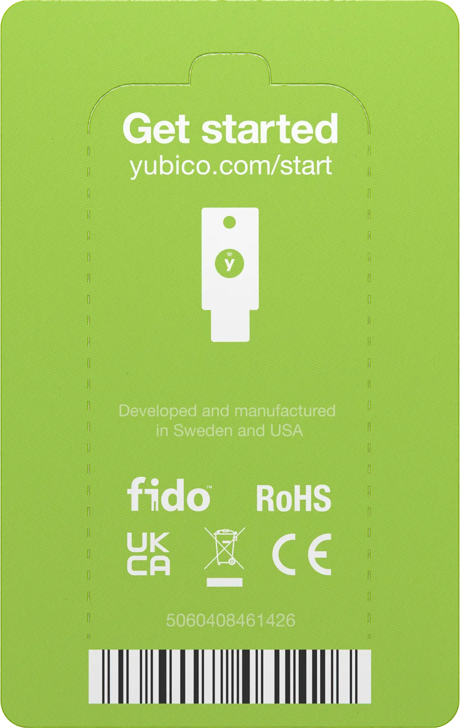 Grüne Karte mit Text 'Get started', Yubico-Logo und Produktinformationen.