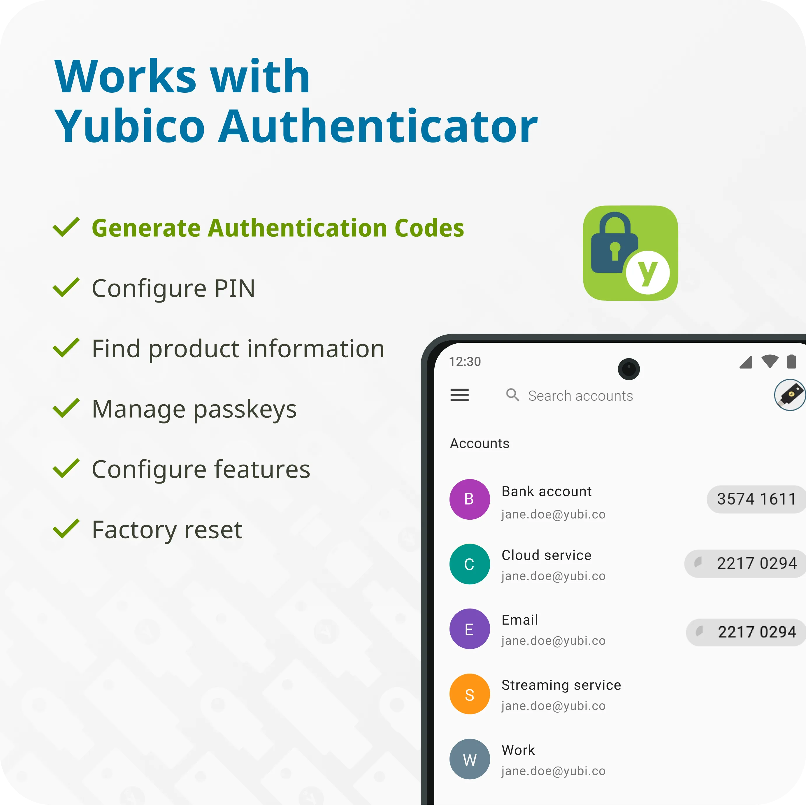 Illustration von Yubico Authenticator mit Funktionen und App-Ansicht.