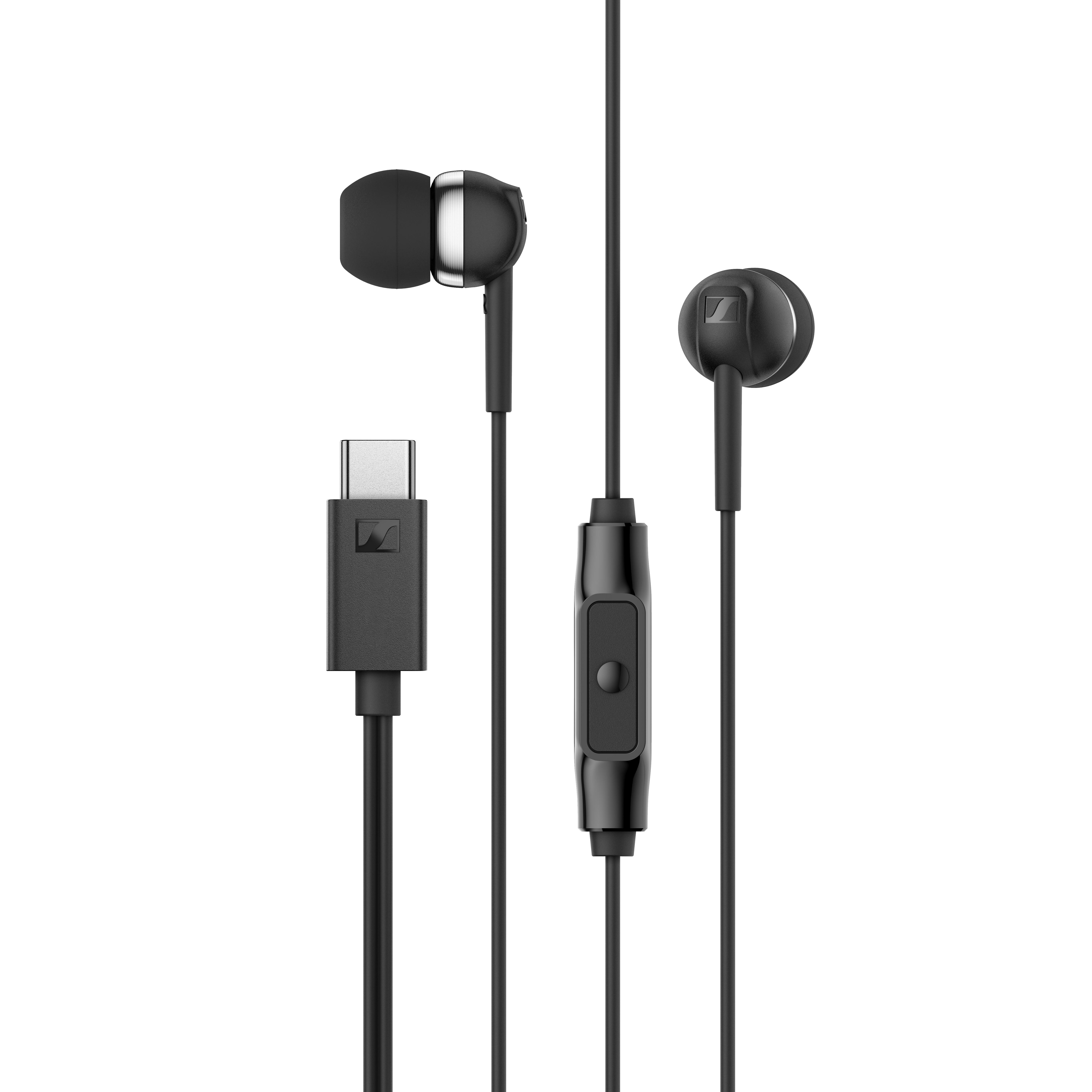 Schwarze In-Ear-Kopfhörer mit USB-C-Anschluss und Inline-Mikrofon.