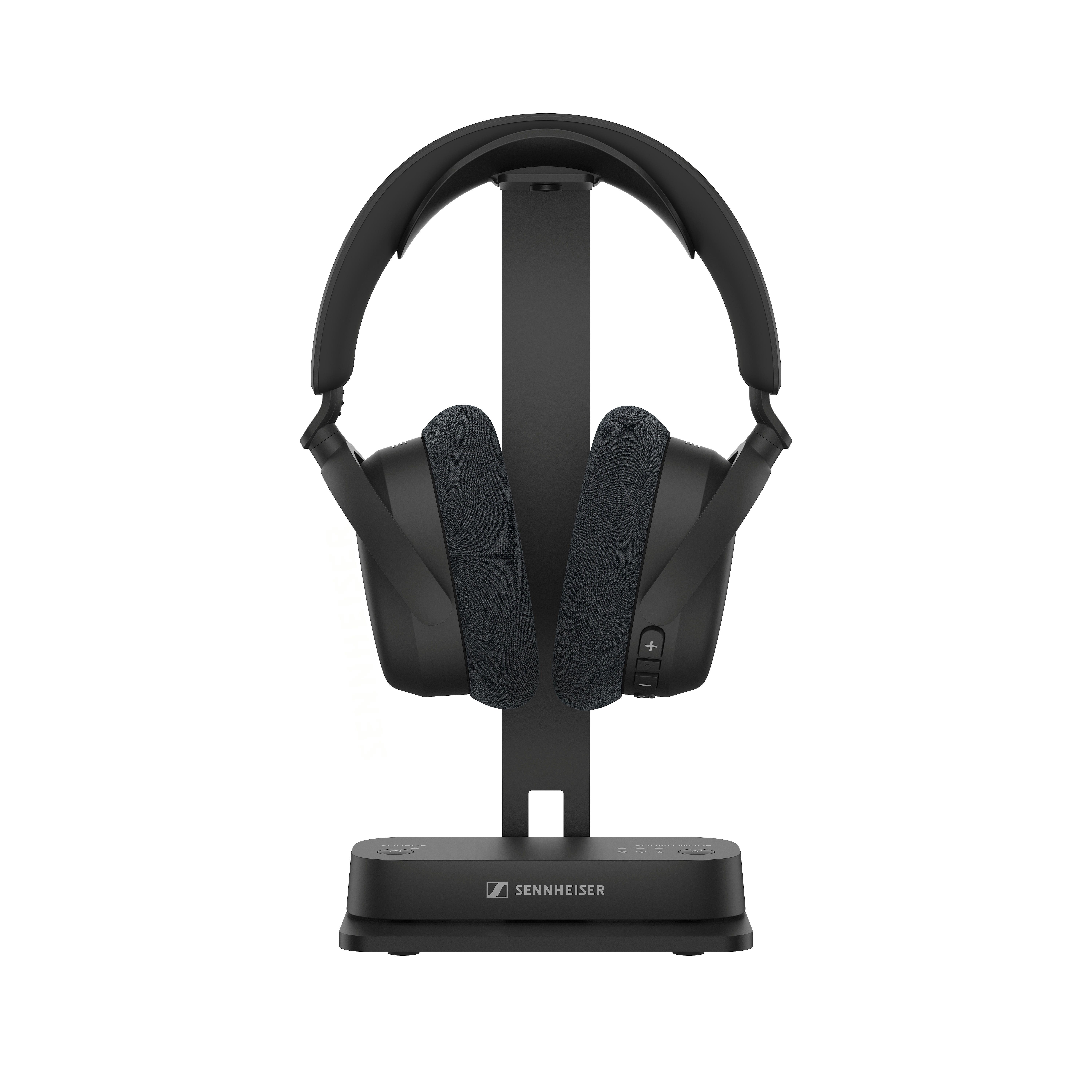 Schwarze Kopfhörer auf einem Ständer mit Sennheiser-Logo auf der Basis.