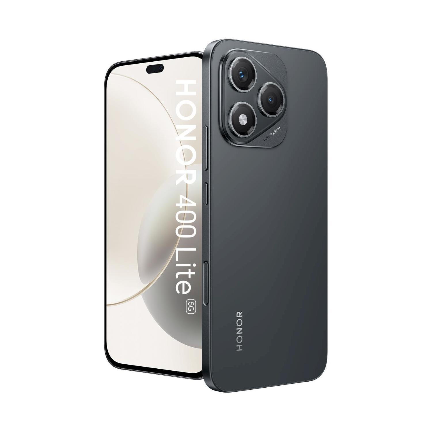 Uno smartphone grigio scuro con tre fotocamere sul retro e un display punch-hole che mostra "HONOR 400 Lite 5G".