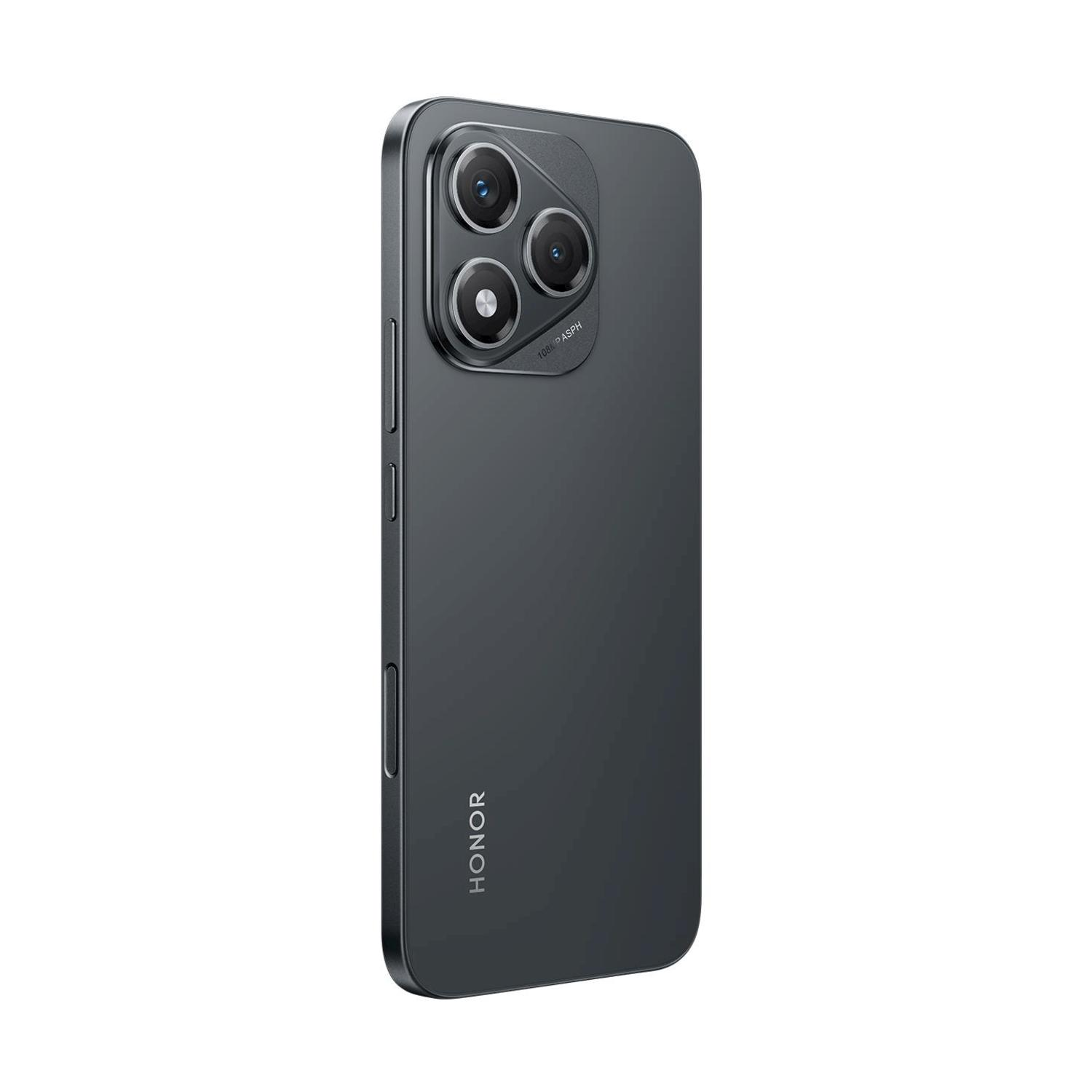 Smartphone grigio scuro con tre fotocamere e logo HONOR su sfondo bianco.