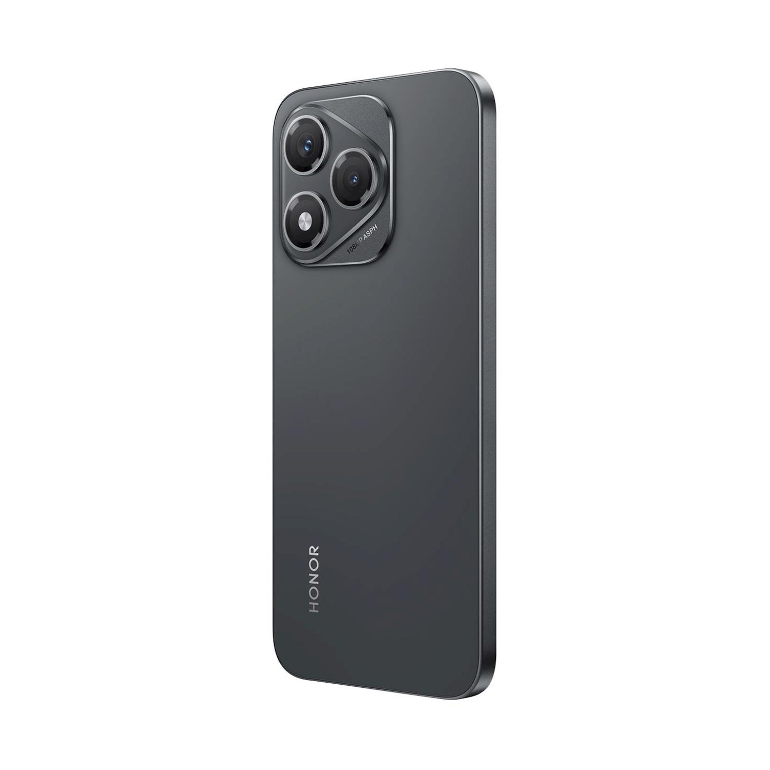 Uno smartphone nero con tre obiettivi della fotocamera sul retro, posizionati verticalmente, con il logo HONOR in basso.