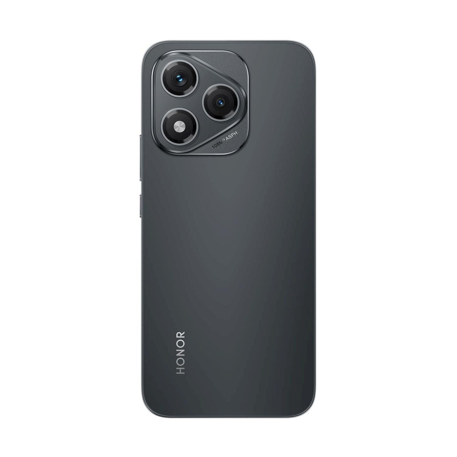 Retro di uno smartphone Honor grigio scuro con tripla fotocamera e testo 108MP.