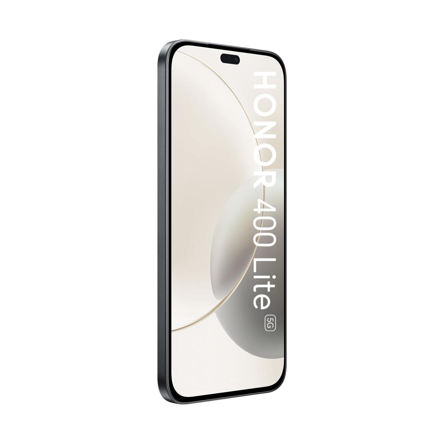 Uno smartphone nero con schermo bianco visualizza "HONOR 400 Lite 5G" in verticale, su sfondo bianco.