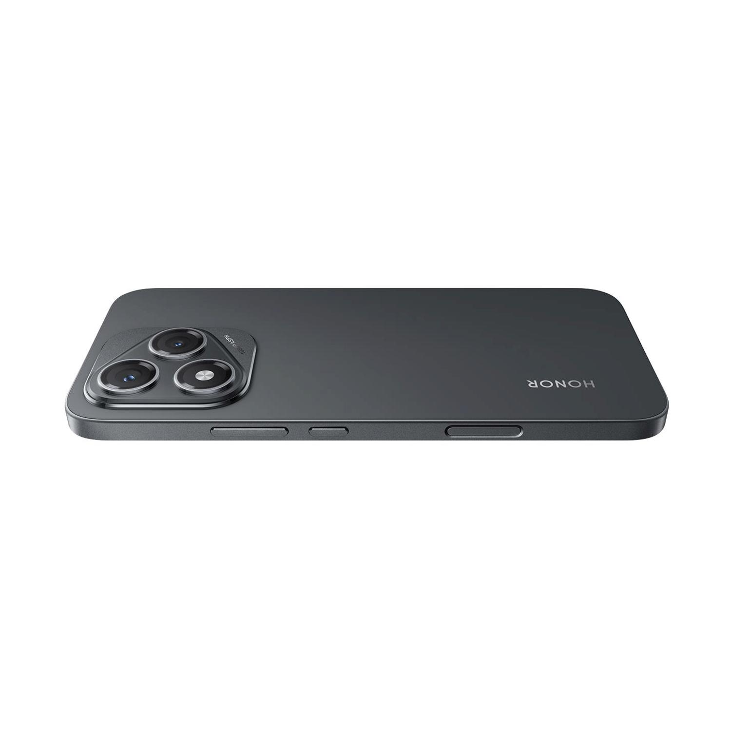 Smartphone grigio scuro con tre fotocamere e logo HONOR sul retro.