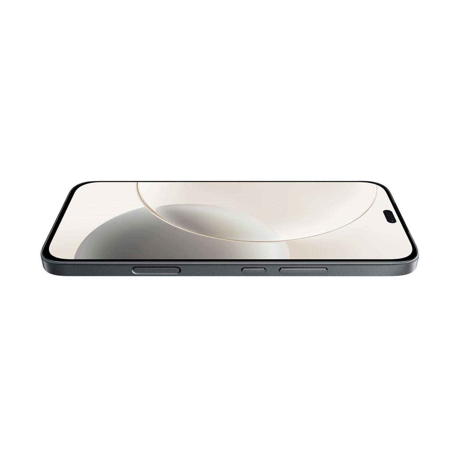 Uno smartphone scuro con angoli arrotondati su sfondo bianco.