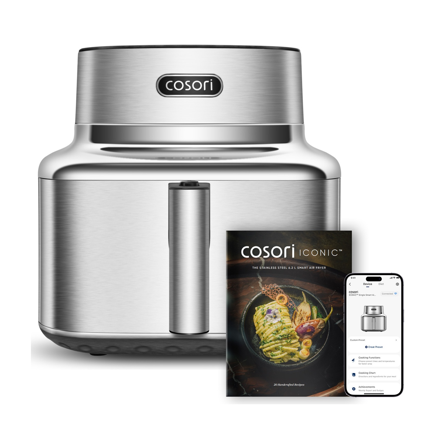 Cosori Iconic Single Friggitrici AD Aria, capacità 6,2 l, Max potenza 1725 W, 6 programmi, da 30 °C a 230 °C, Acciao Inox