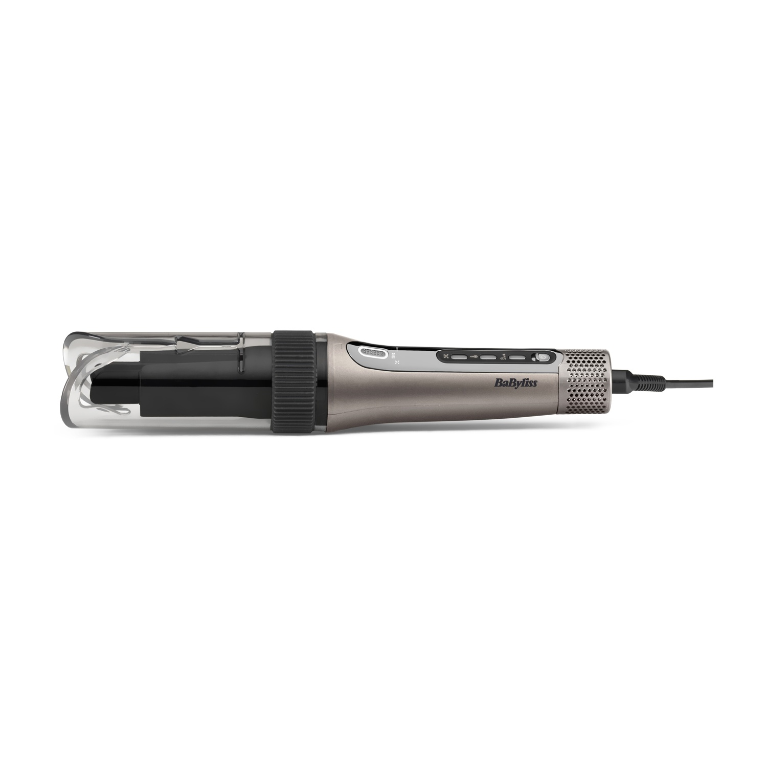 Uno styler per capelli BaByliss grigio con accessorio nero e copriprotezione trasparente.