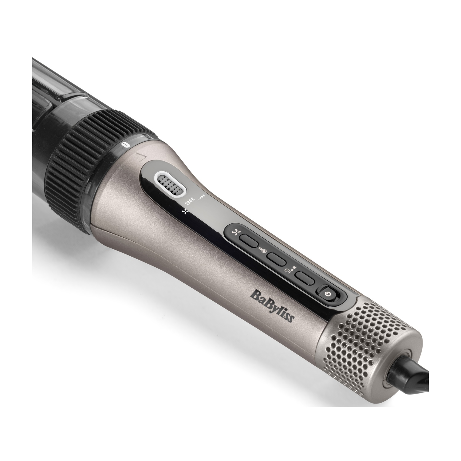 Un asciugacapelli Babyliss grigio argento con controlli e prese d'aria.