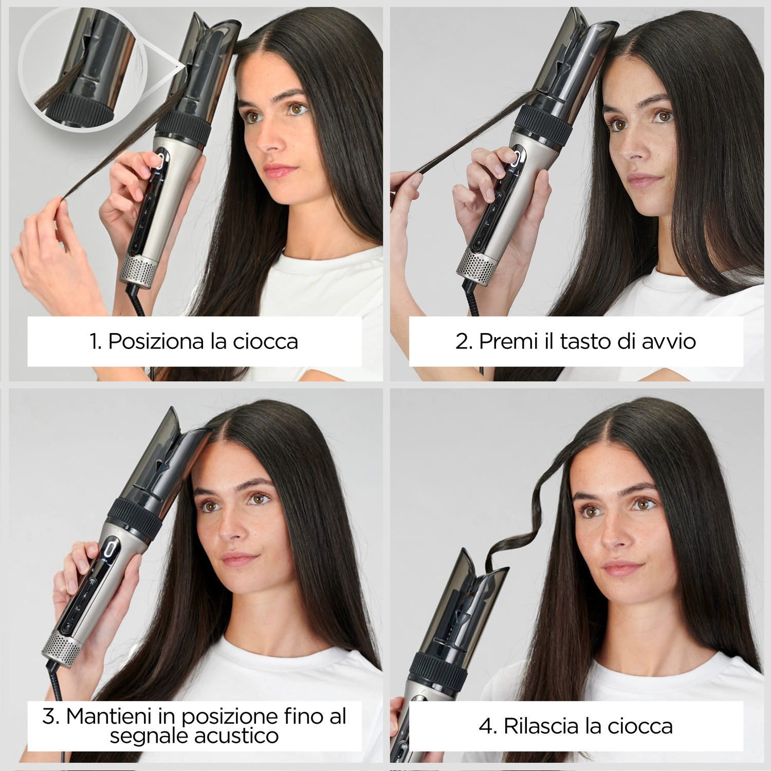 Donna usa arricciacapelli automatico per creare un ricciolo.