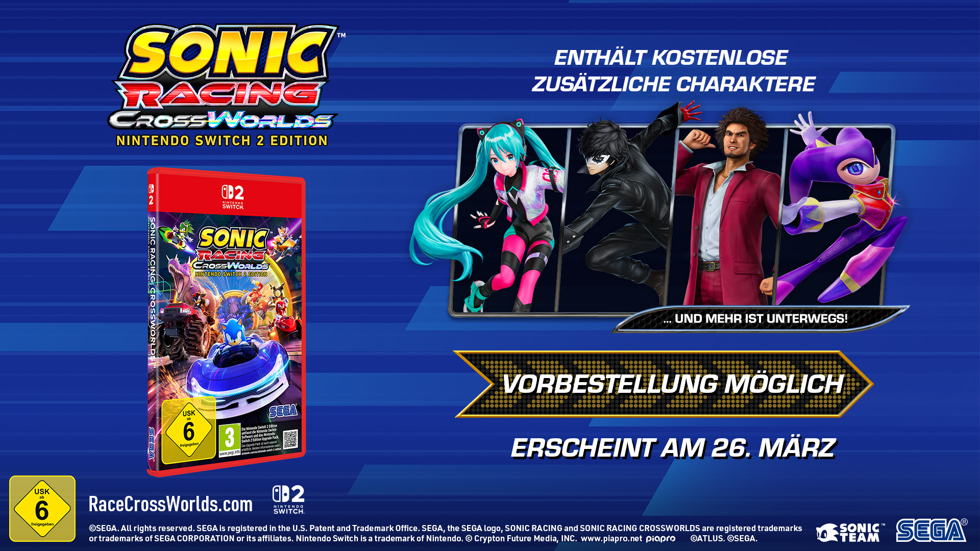 Copertina Sonic Racing Crossworlds con personaggi e custodia Nintendo Switch.