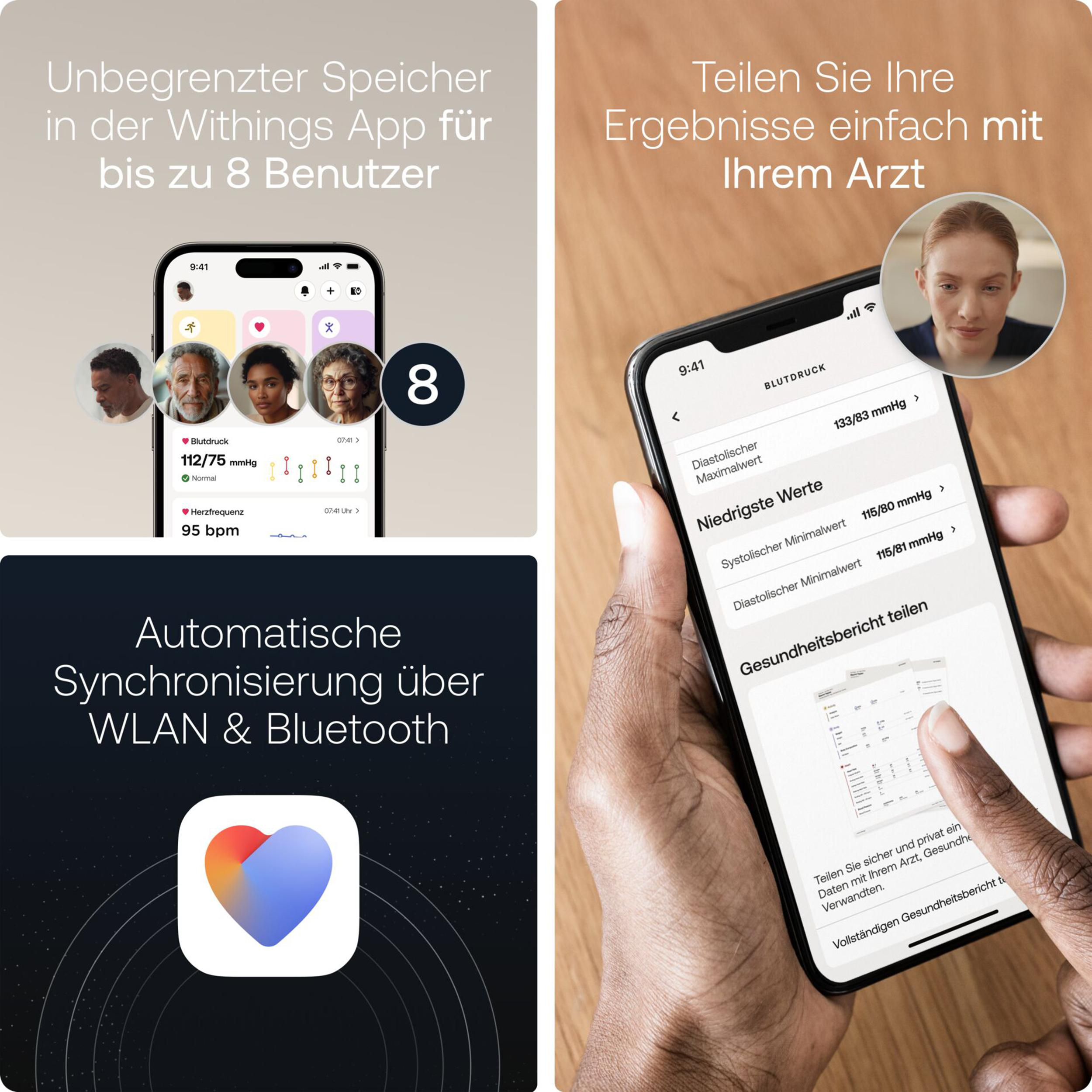 Screens mit Withings App: Speicher, Benutzer, Blutdruck, Herzfrequenz, Synchronisierung & Teilen.
