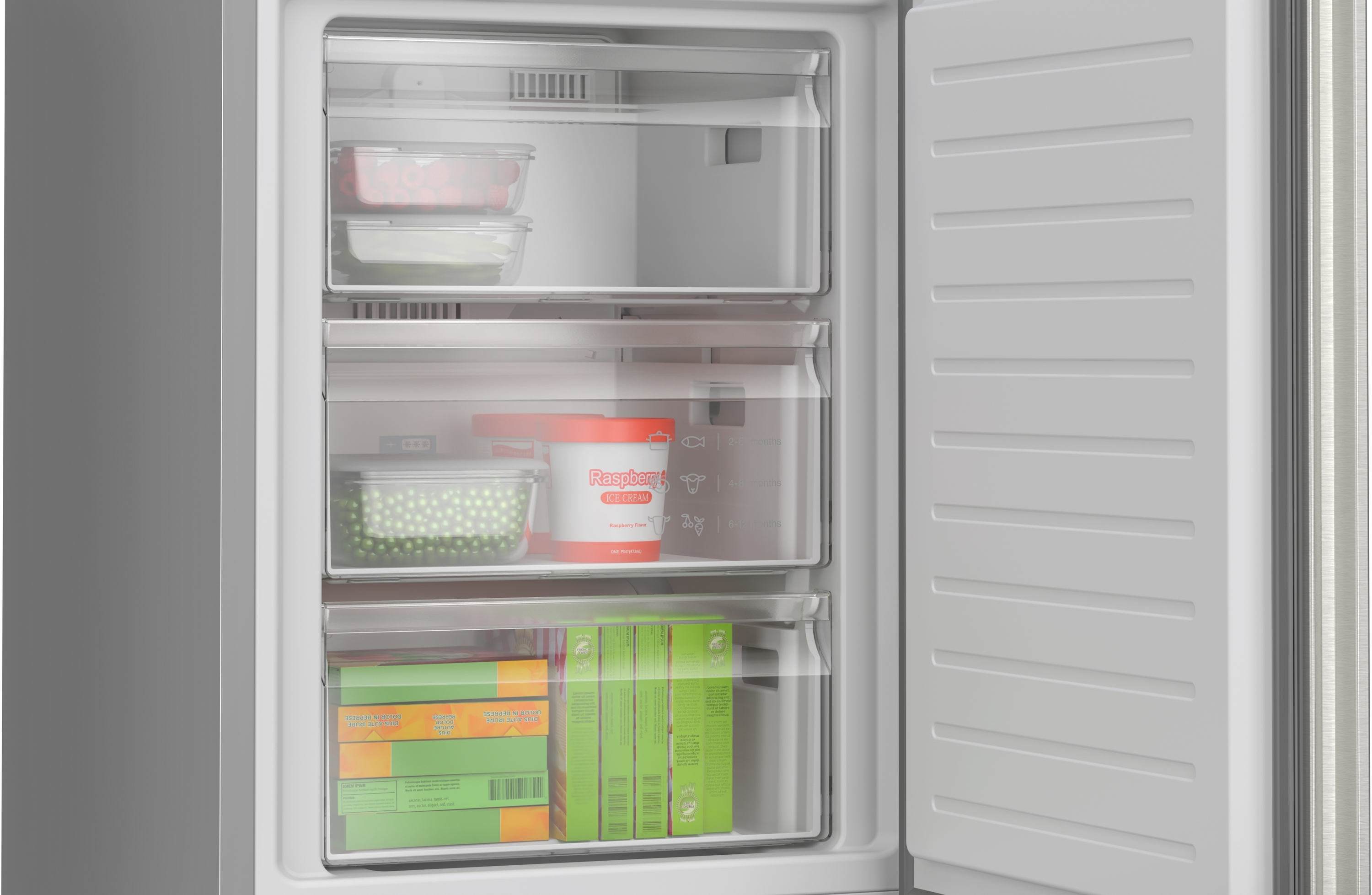 Otwarta zamrażarka z wieloma szufladami wypełnionymi jedzeniem, takim jak jagody, lody, groszek i mrożonki.