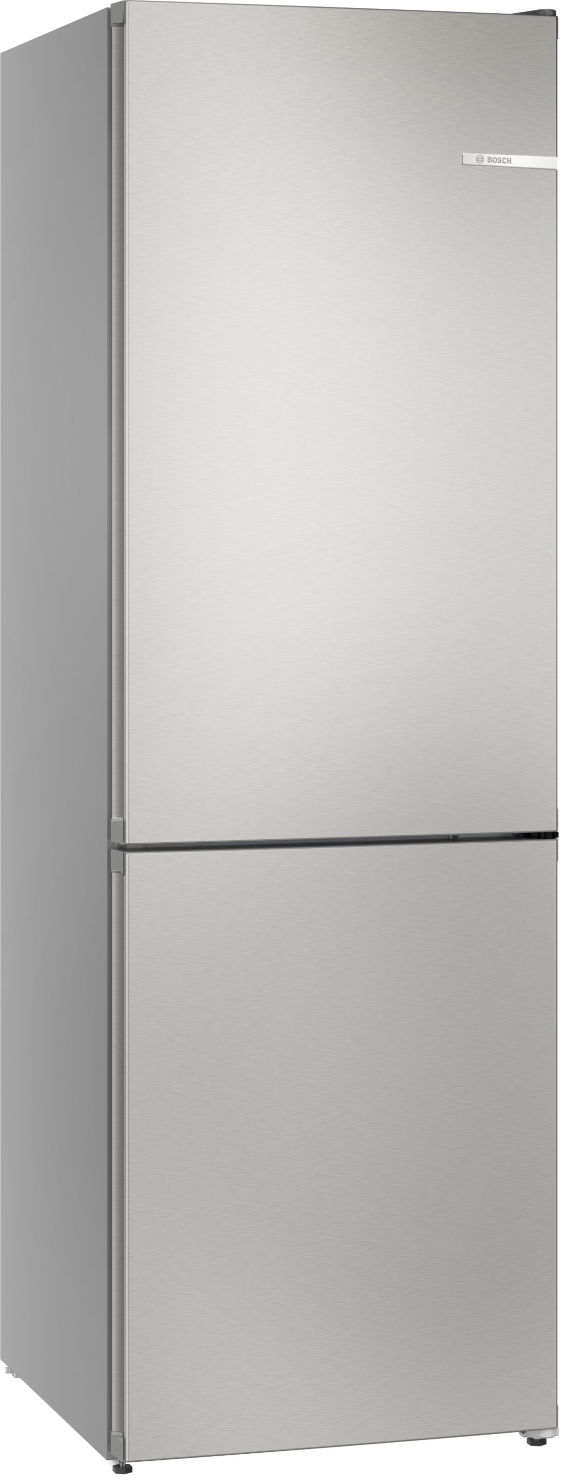 Srebrna lodówka Bosch z dwojgiem drzwi i srebrnymi uchwytami.
