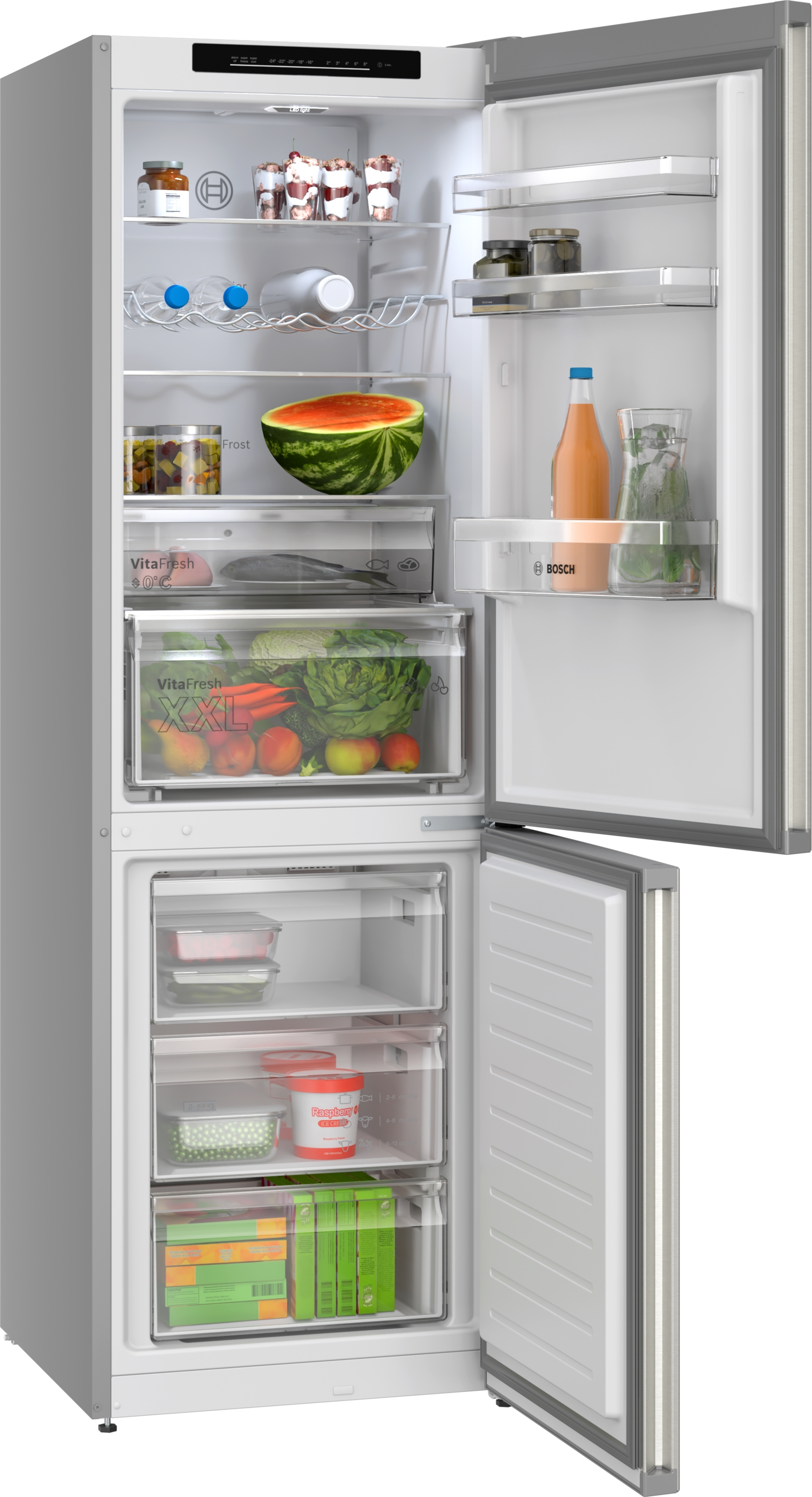 Otwarta lodówka z jedzeniem i szufladami.